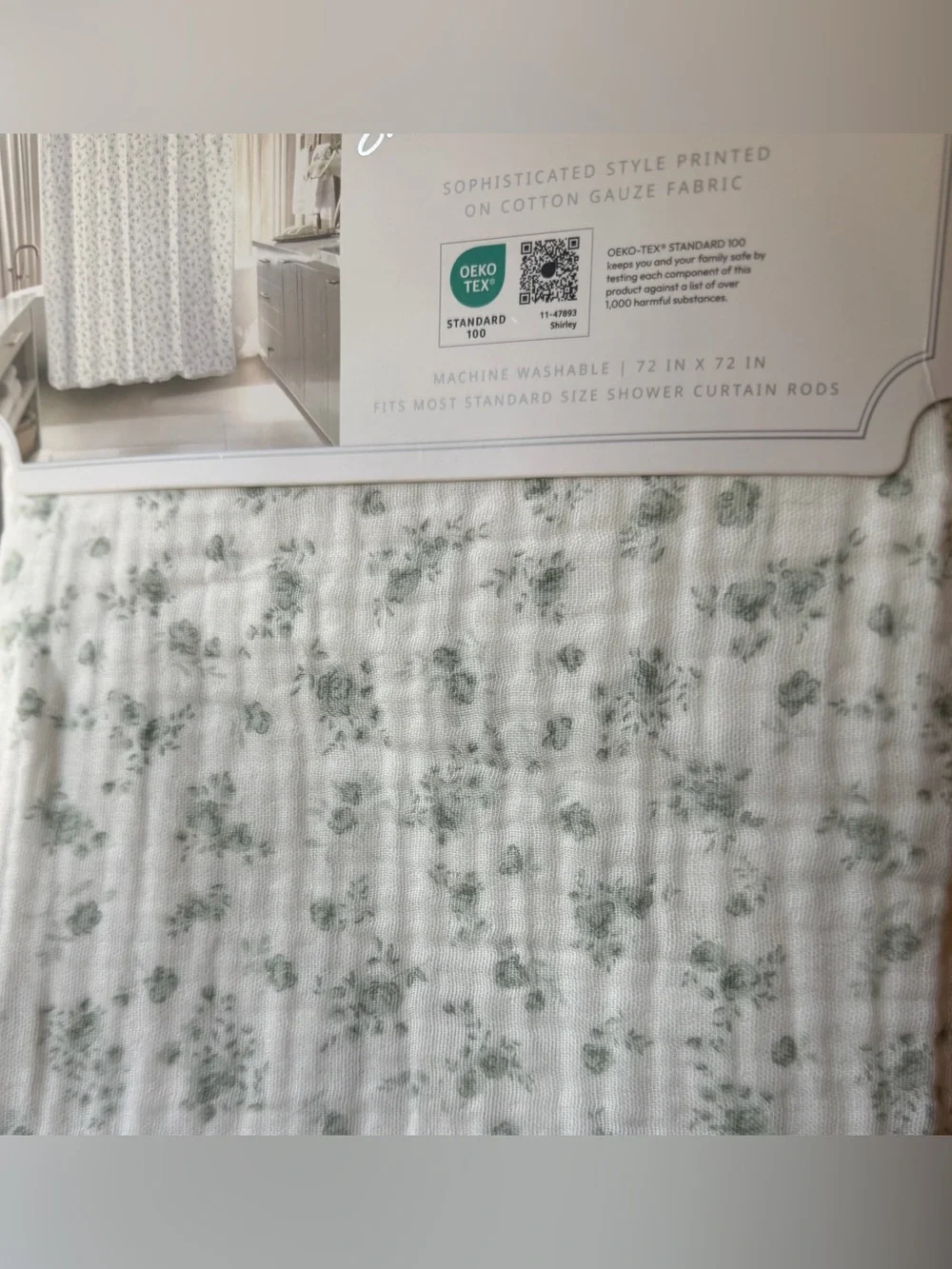 Delphine cotton gauze lace hem green floral rose vintage style Shower Curtan